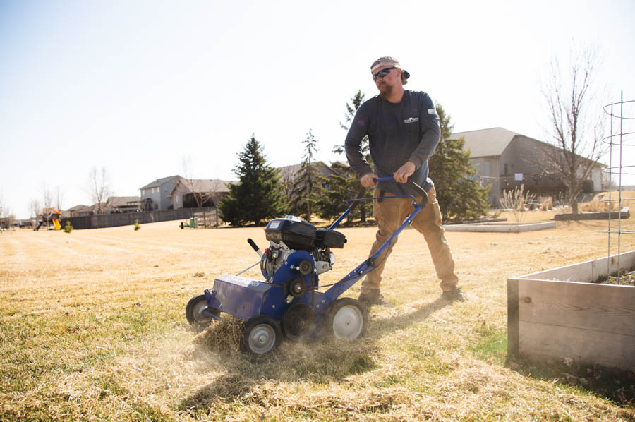 Maintenance crew power raking a yard